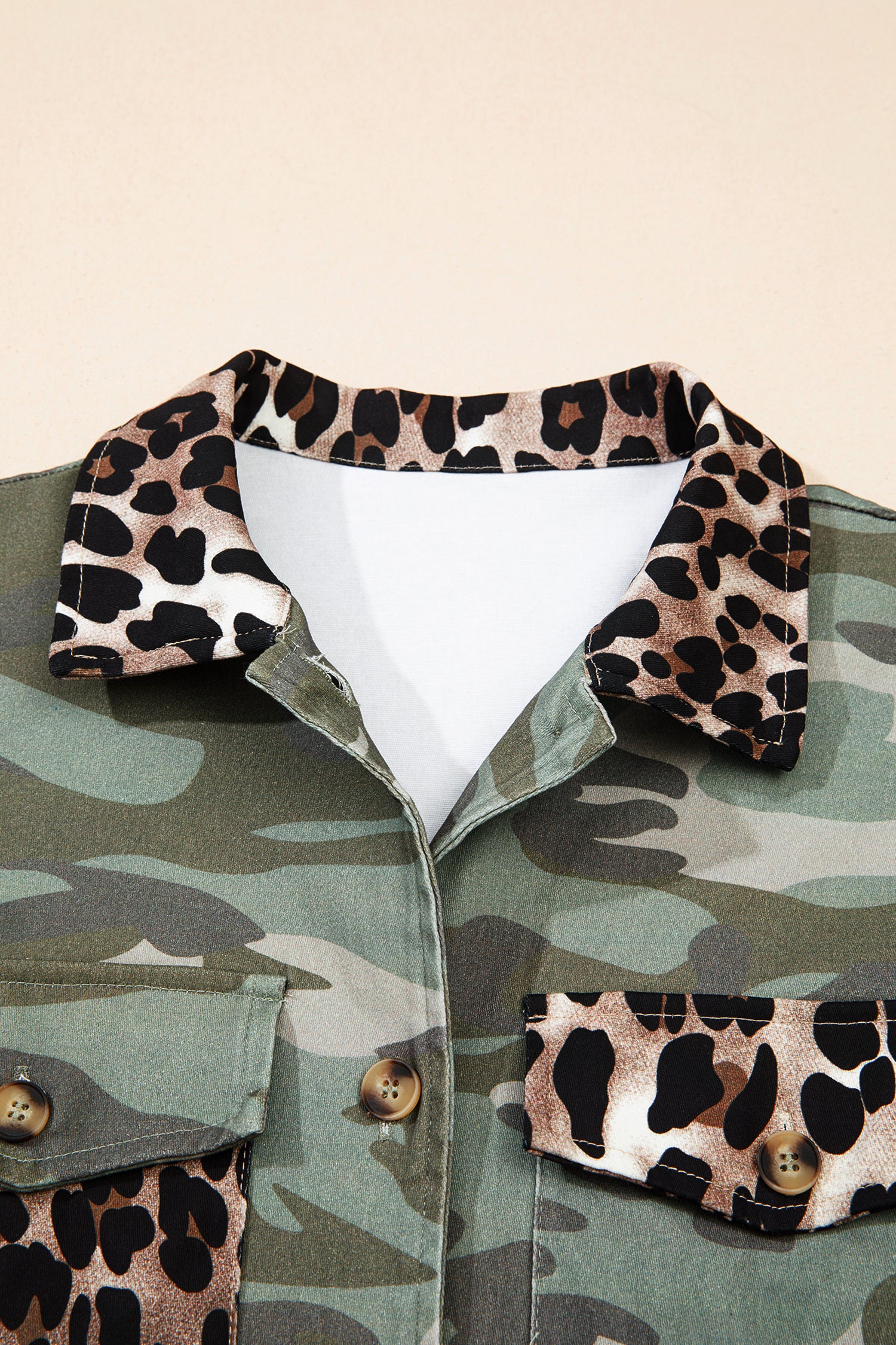 Green Camo Leopard Patchwork Flap Pocket Crop Jacket