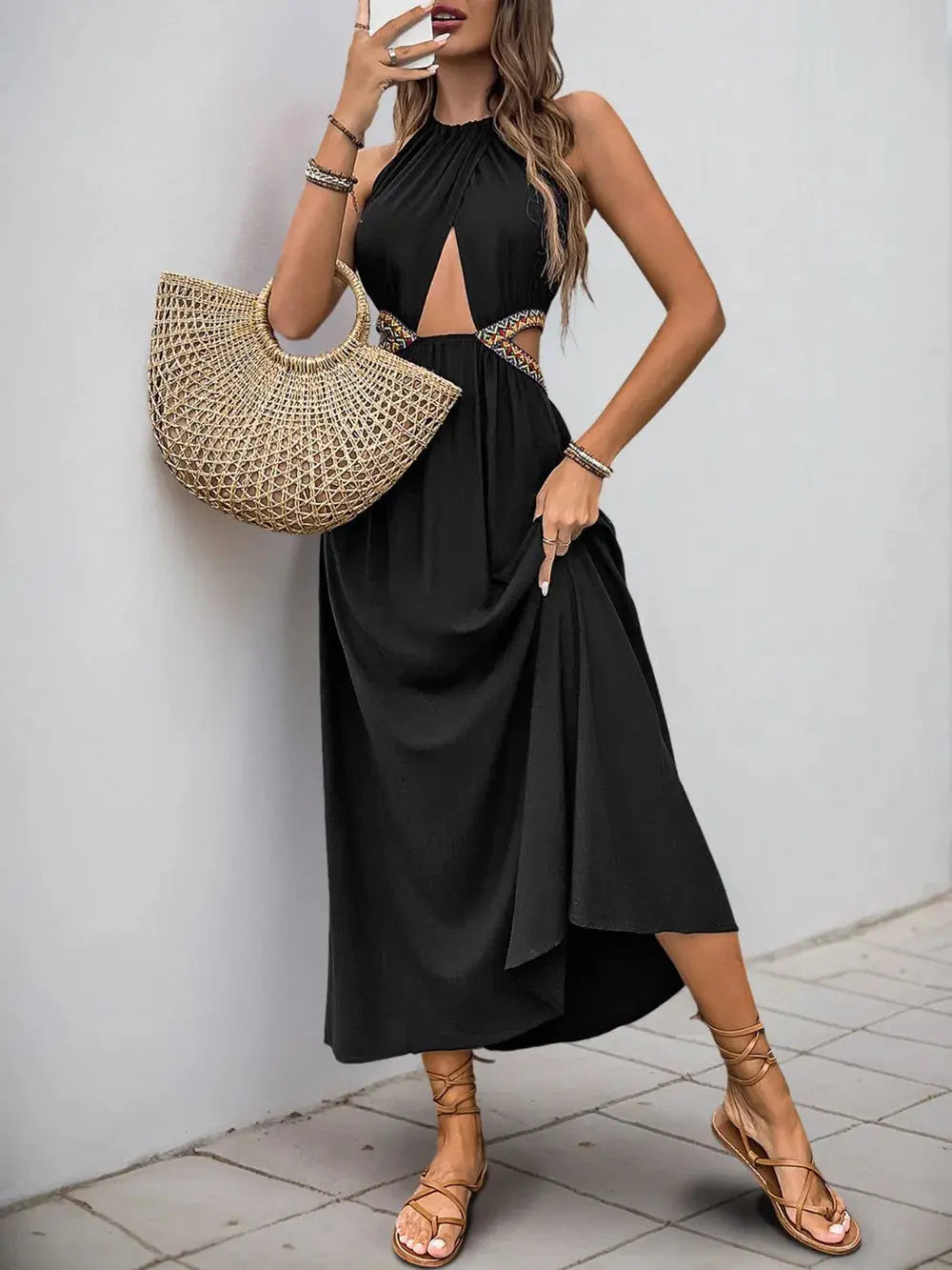 Perfee Cutout Grecian Neck Tied Back Dress.