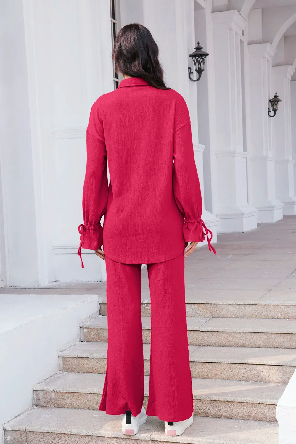Drawstring Flounce Sleeve Shirt and Pants Set - CHIC TB