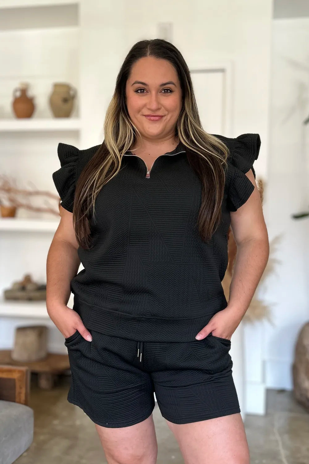 Double Take Full Size Texture Flounce Sleeve Top and Shorts Set.