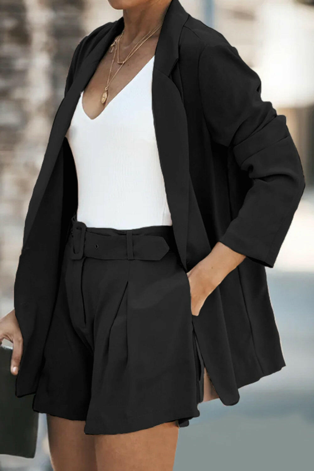 Longline Blazer and Shorts Set with Pockets.