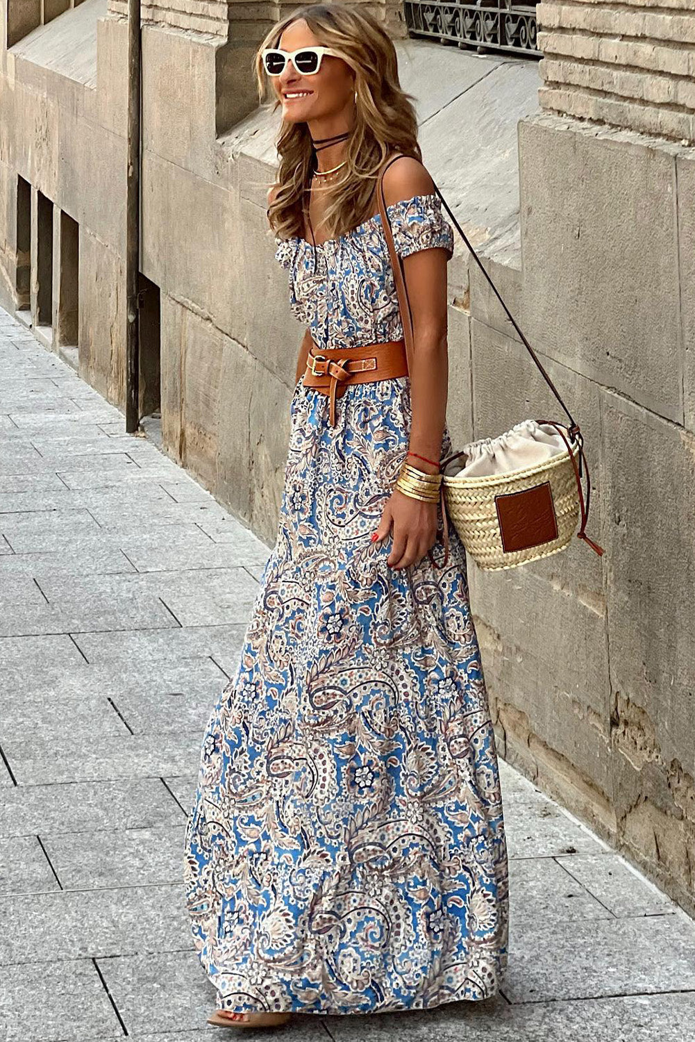 Blue Boho Paisley Print Off Shoulder Maxi Dress Dear-Lover Dropshipping