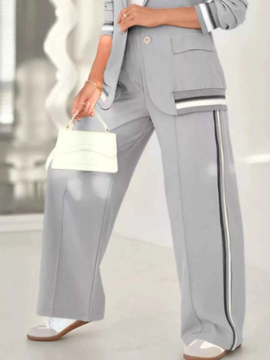 Full Size Striped Trim Button Down Jacket and Pants Set Plus Size