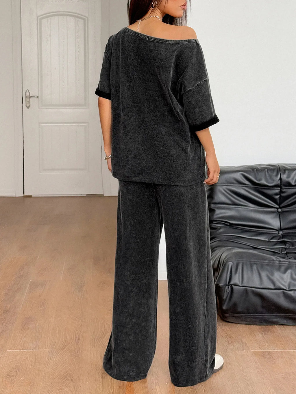 Washed Boat Neck T-Shirt and Pants Set.