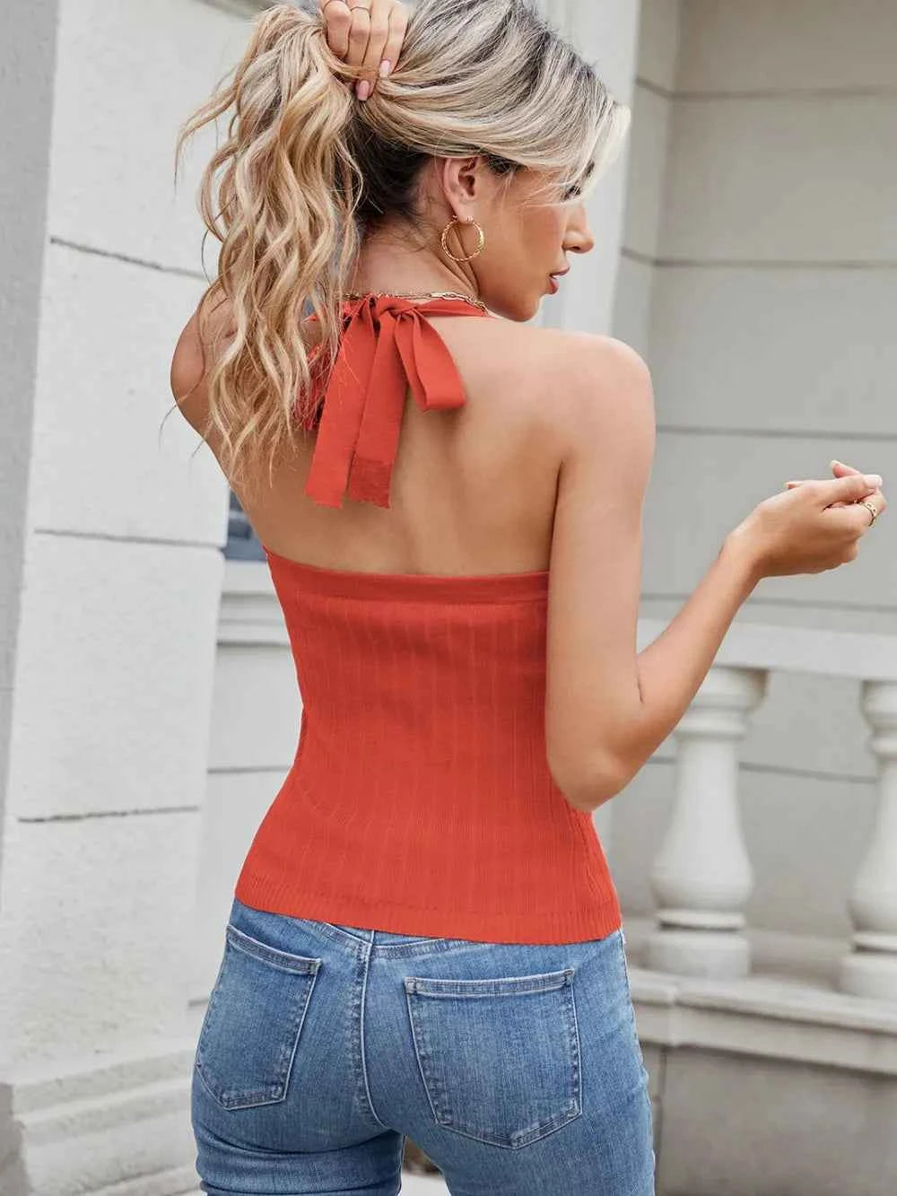 Solid Color Halter Neck Knit Cami.