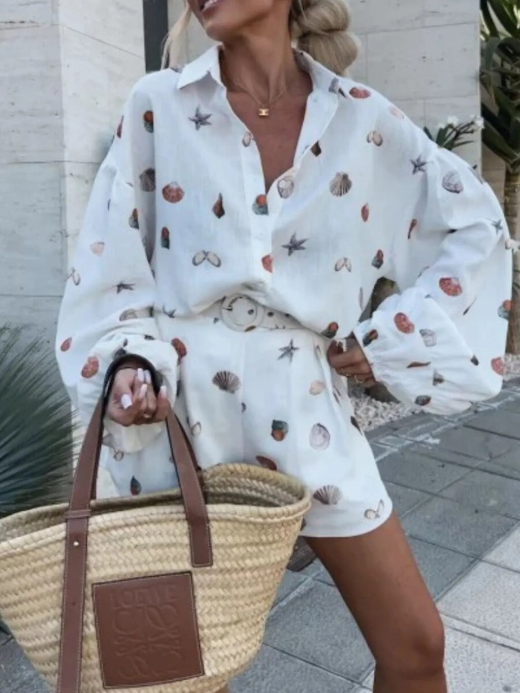 Shell Print Long Sleeve Shirt and Belt Shorts Set.