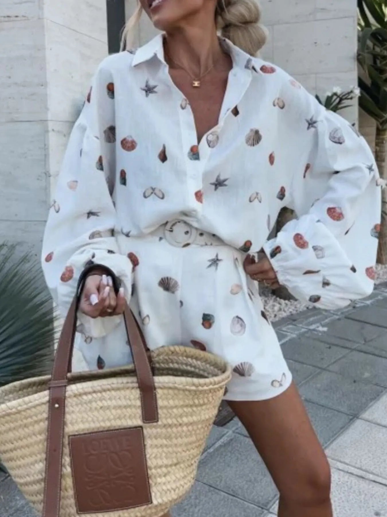 Shell Print Long Sleeve Shirt and Belt Shorts Set.