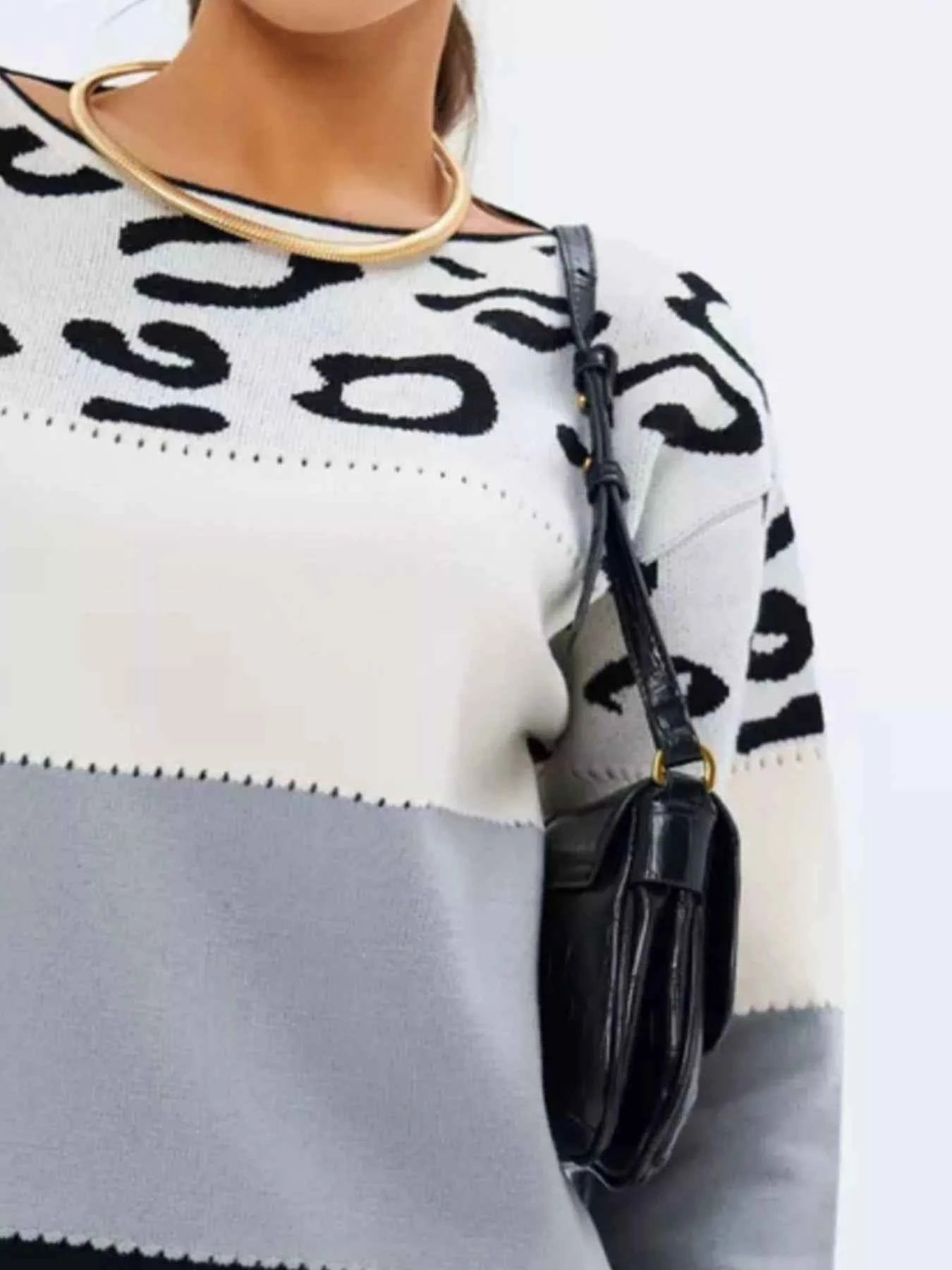 Full Size Leopard Color Block Long Sleeve Sweater Plus Size