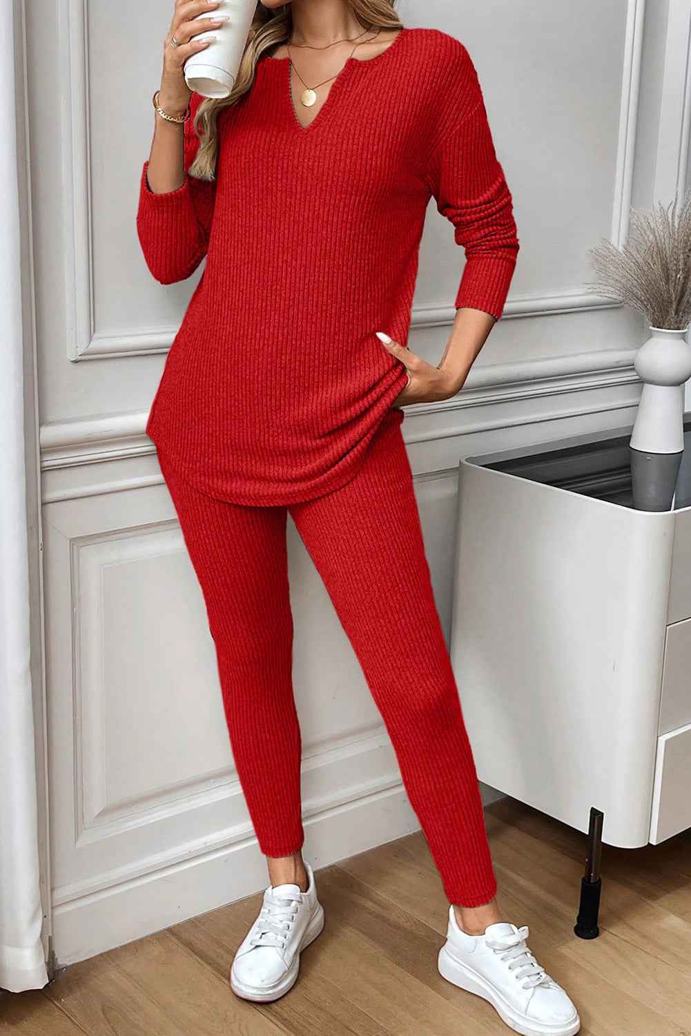 Racing Red Ribbed Notched Neck Knit Long Sleeve Leggings Two Pieces Lounge Set