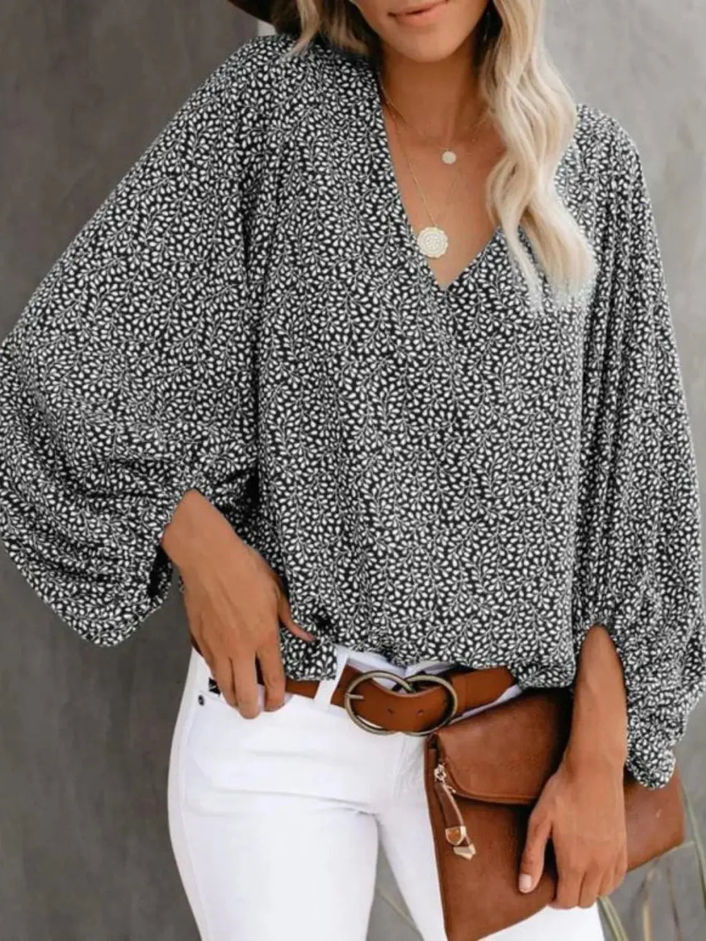 Printed V-Neck Long Sleeve Blouse.