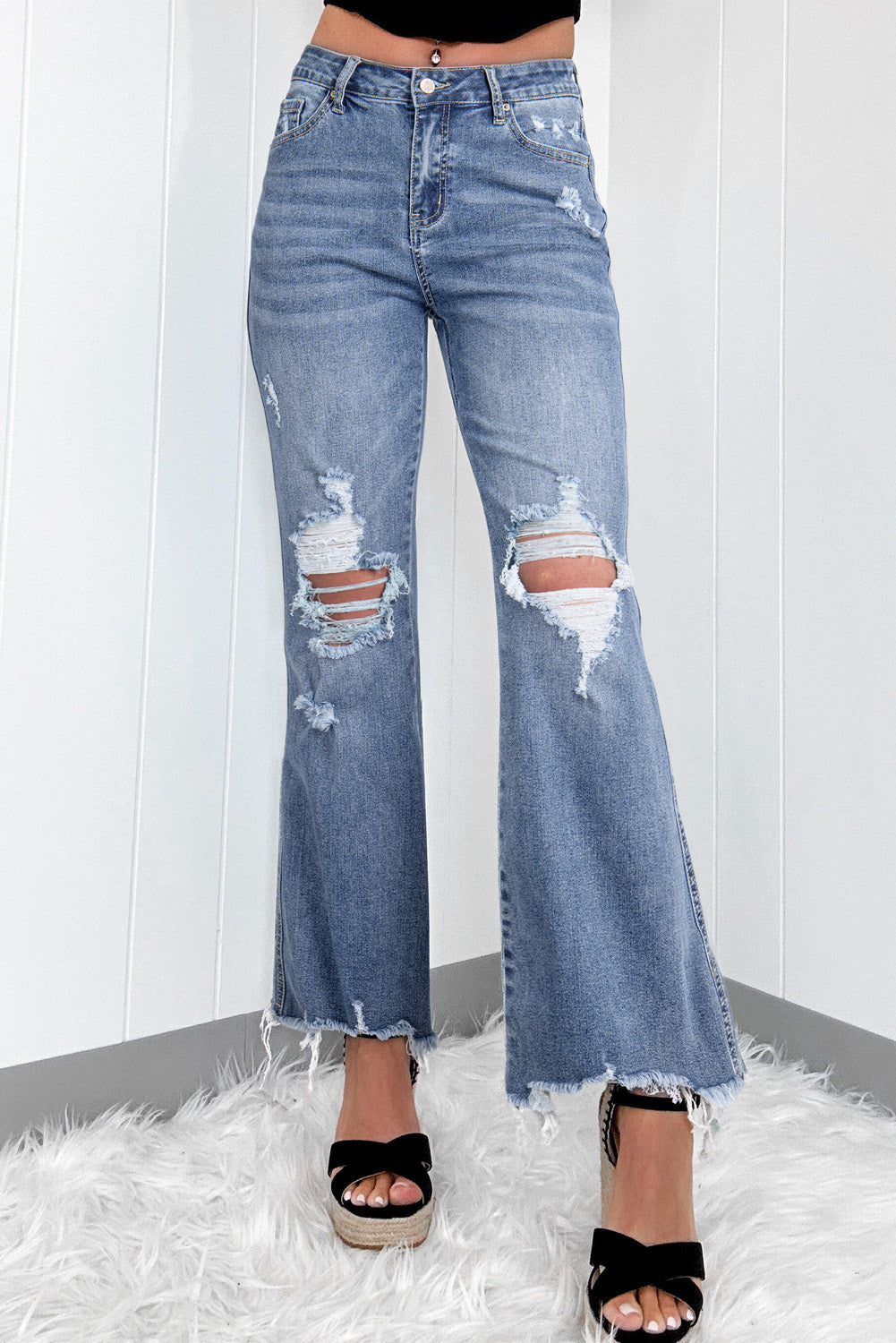Dusk Blue High Rise Ripped Distressed Hem Flared Jeans Dear-Lover Dropshipping