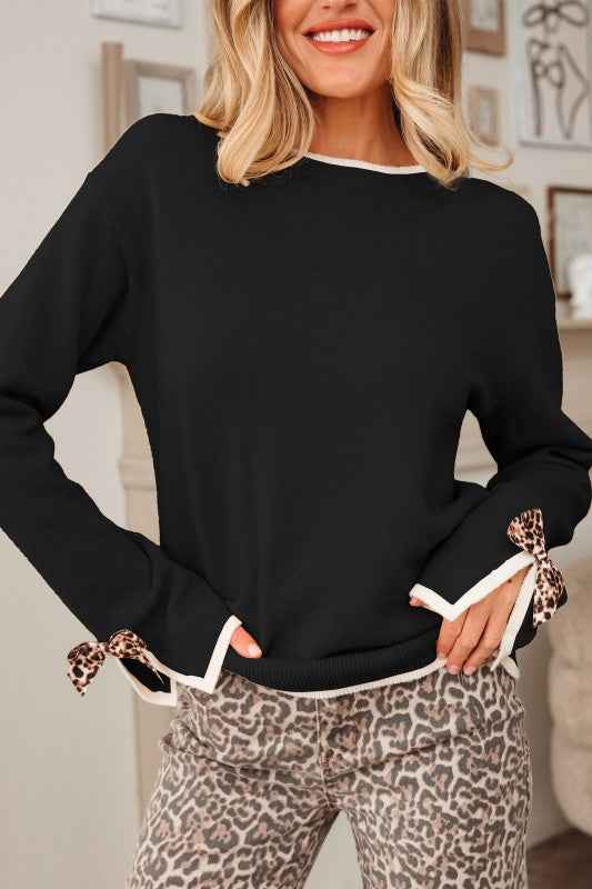Leopard Bow Split Cuff Contrast Trim Sweater