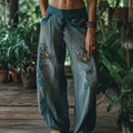 Vintage Bohemian Floral Art Printed Cotton Linen Wide Leg Pants