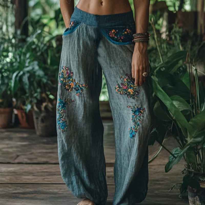 Vintage Bohemian Floral Art Printed Cotton Linen Wide Leg Pants