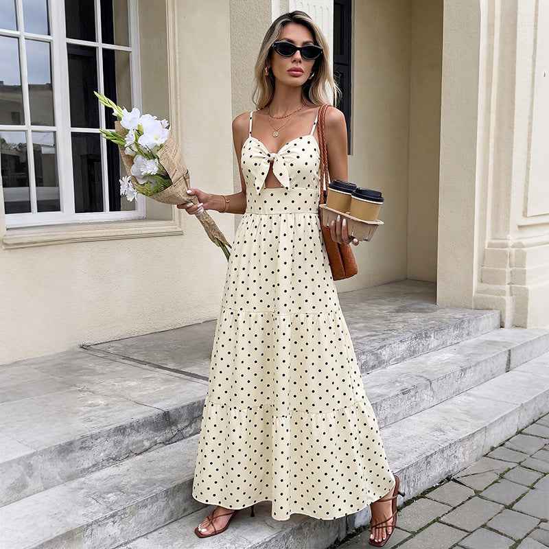 Hollow lace up polka dot suspender dress