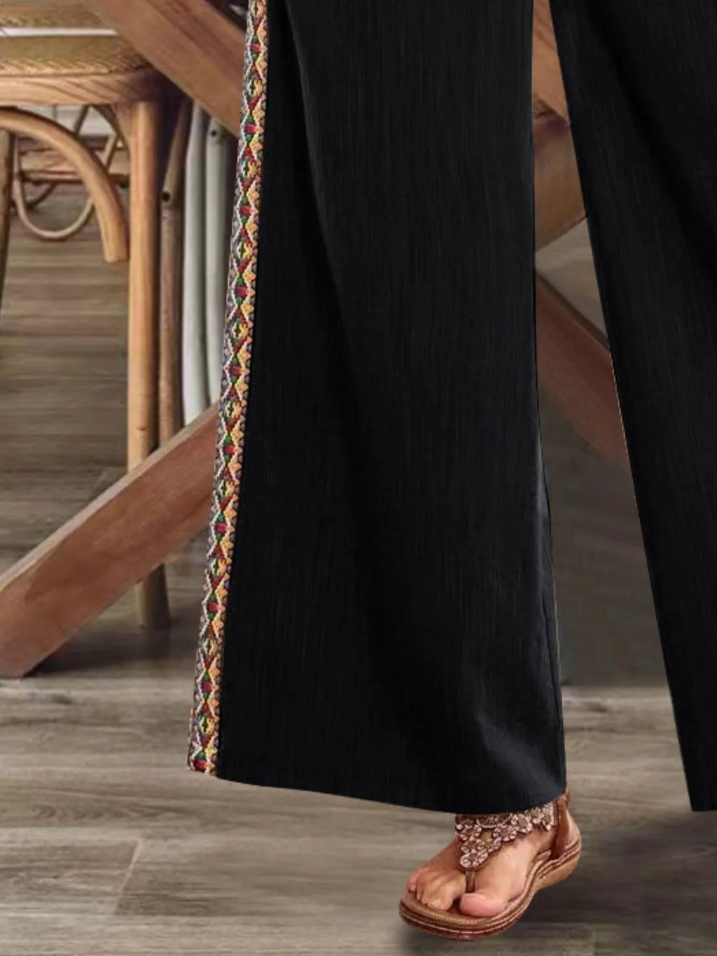 Bohemian Wide Leg Embroidered Side Stripe Pants.