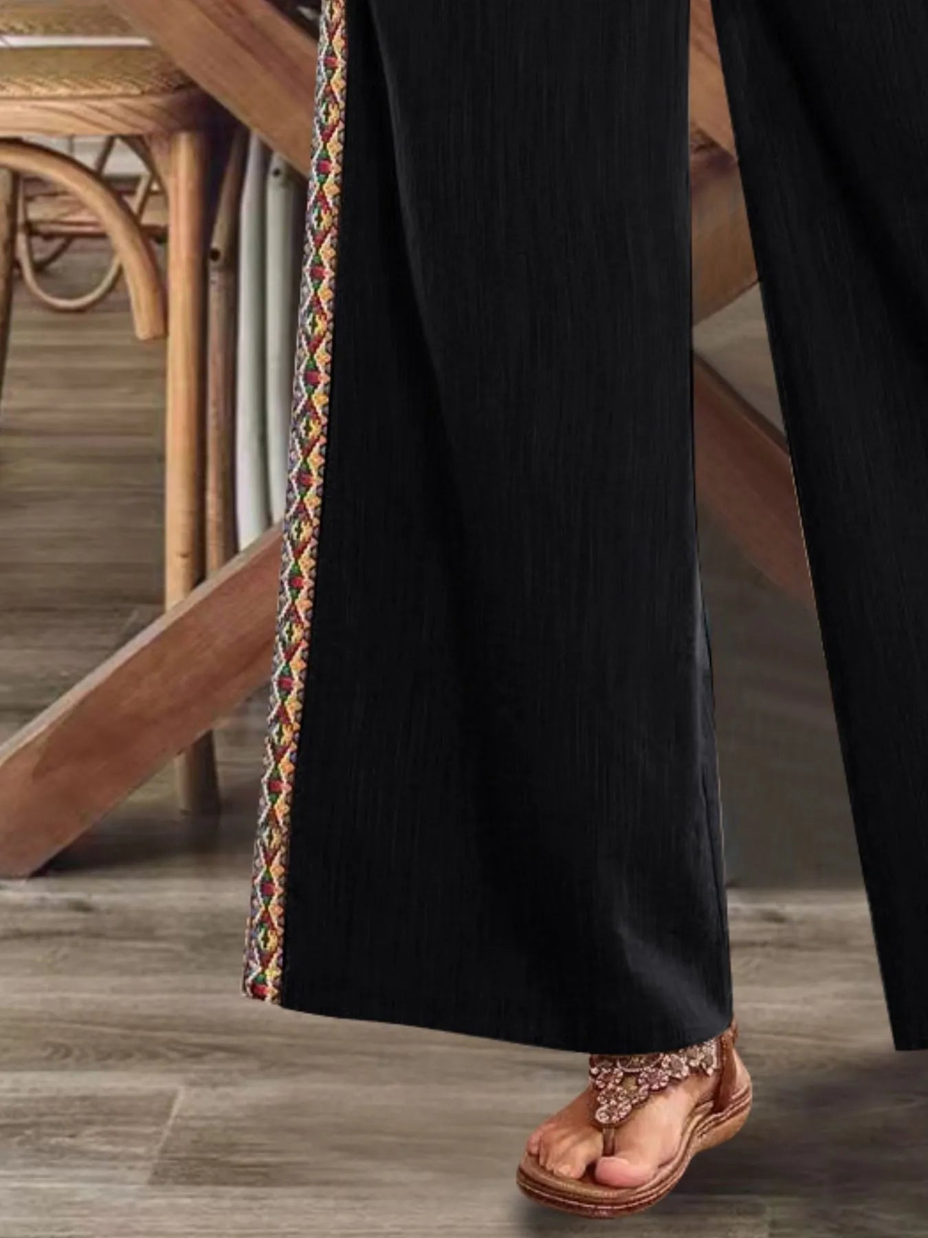 Bohemian Wide Leg Embroidered Side Stripe Pants.