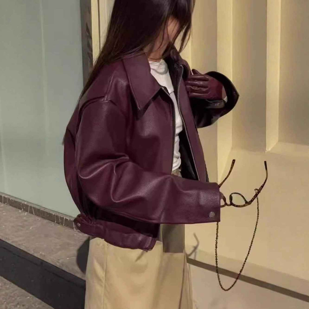 PU leather jacket loose jacket women's zipper leather jacket