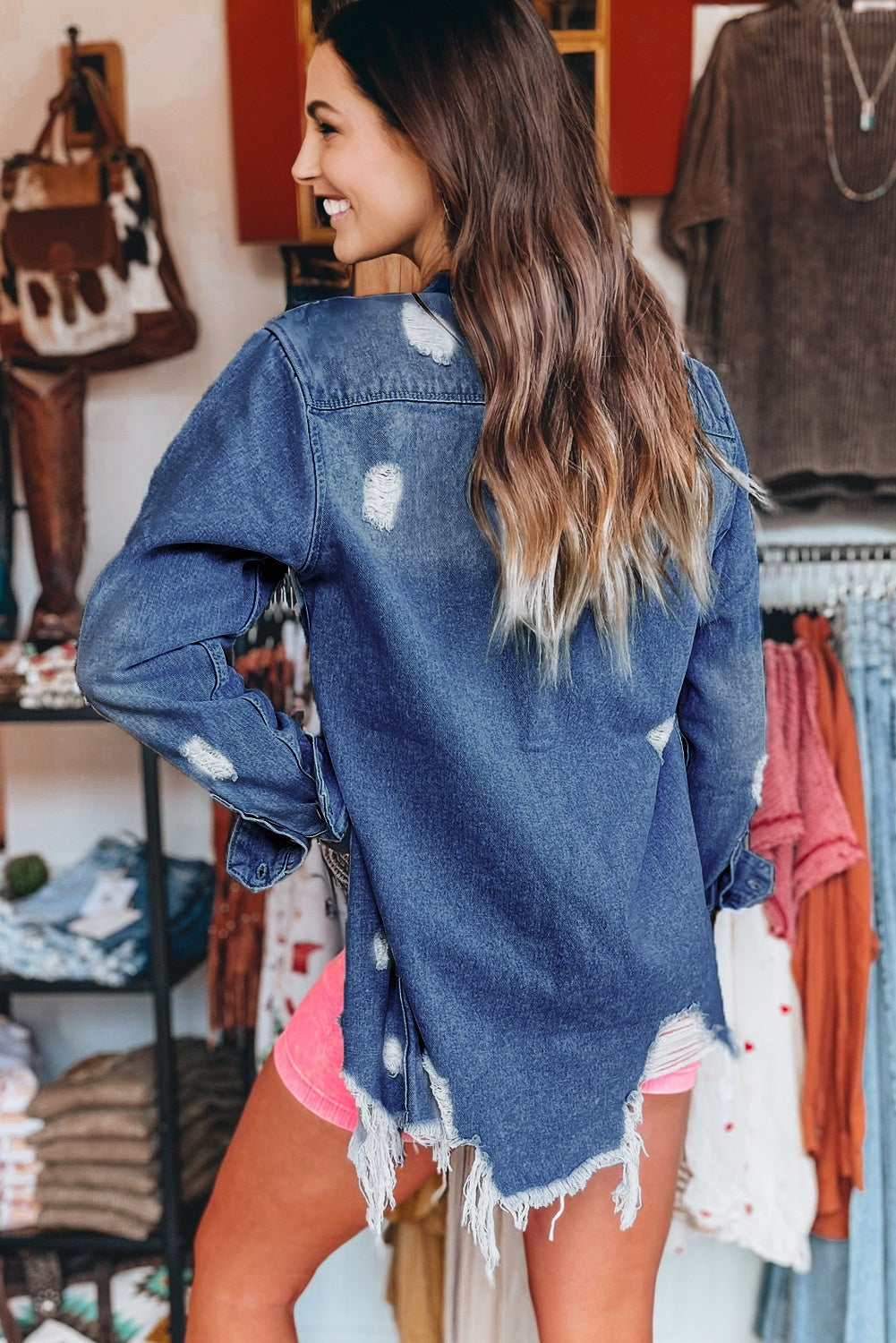 Sky Blue Light Wash Distressed Frayed Long Denim Jacket Dear-Lover Dropshipping