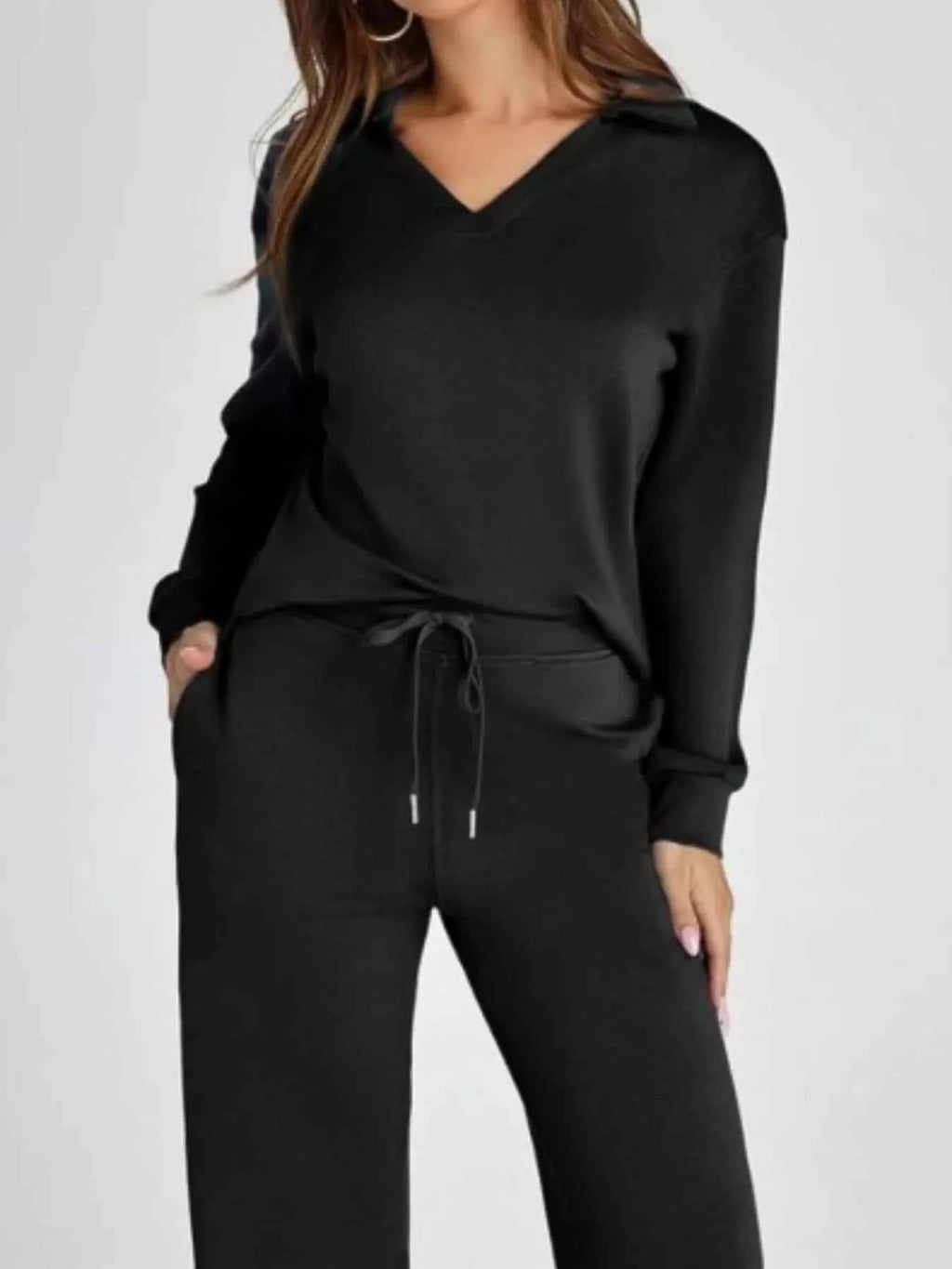 Full Size Johnny Collar Long Sleeve Top and Pants Plus Size