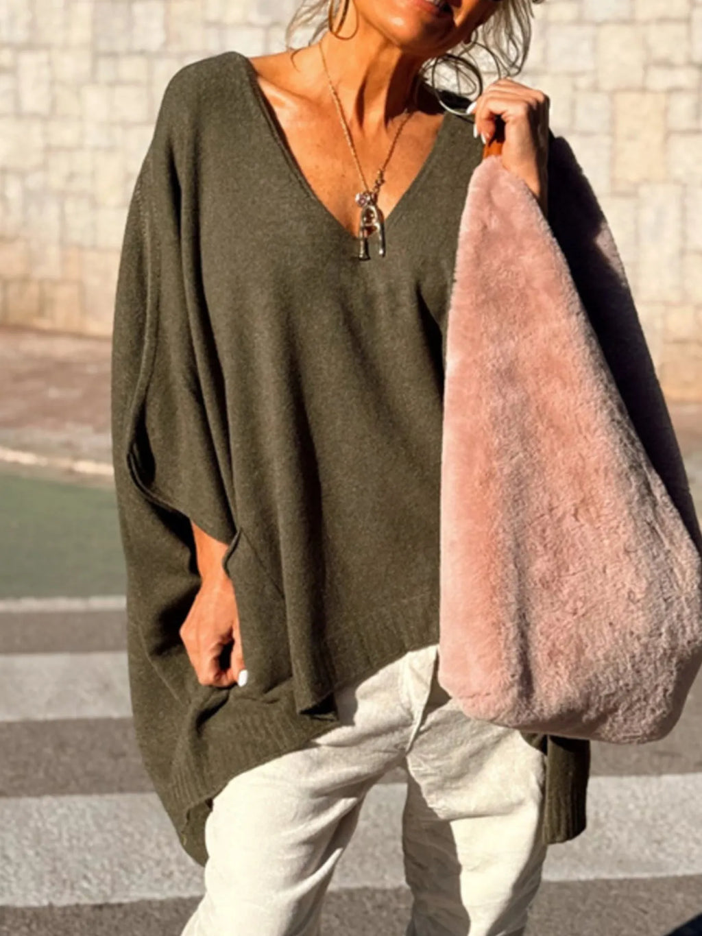 Ribbed Hem V-Neck Sweater.