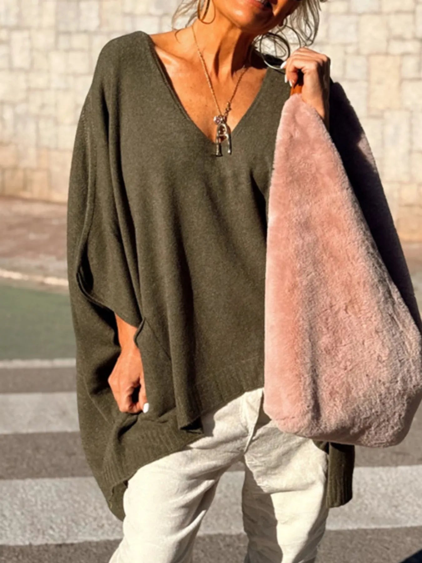 Ribbed Hem V-Neck Sweater.