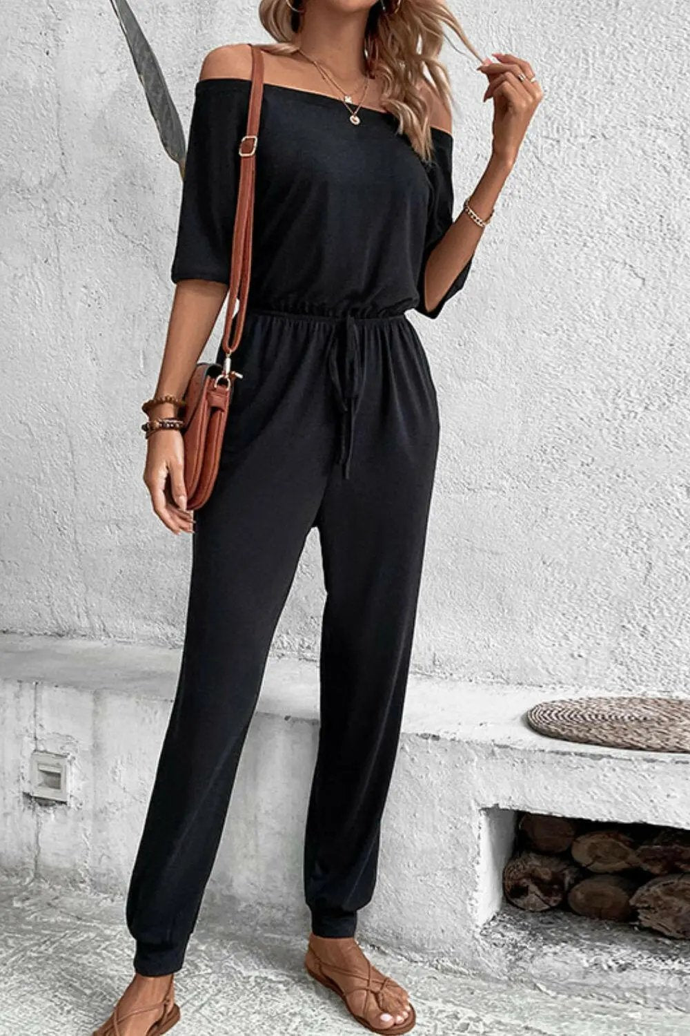 Perfee Off-Shoulder Jumpsuit with Pockets.