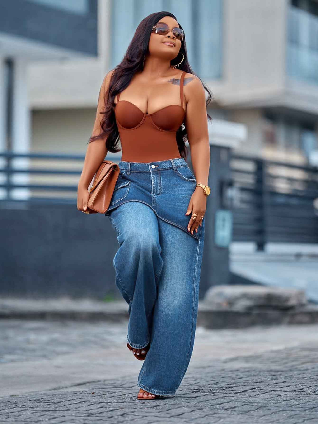 Retro Faux Two-piece Wide-leg Denim Jeans