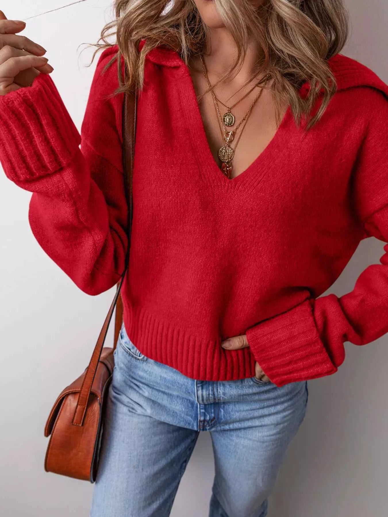 Collared V Neck Ribbed Edge Sweater