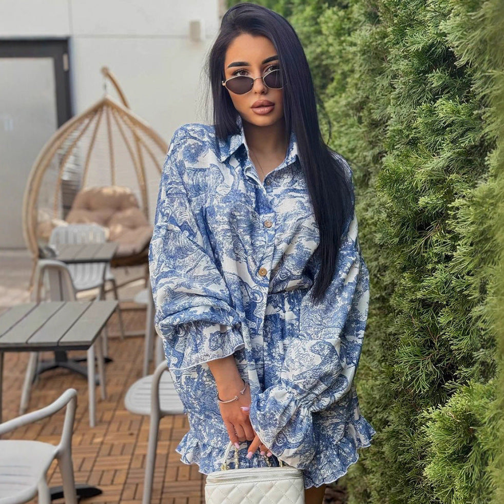 Women's Comfortable Casual Ruffle Hem Printed Notched Collar Long Sleeve Shorts Two-Piece Set