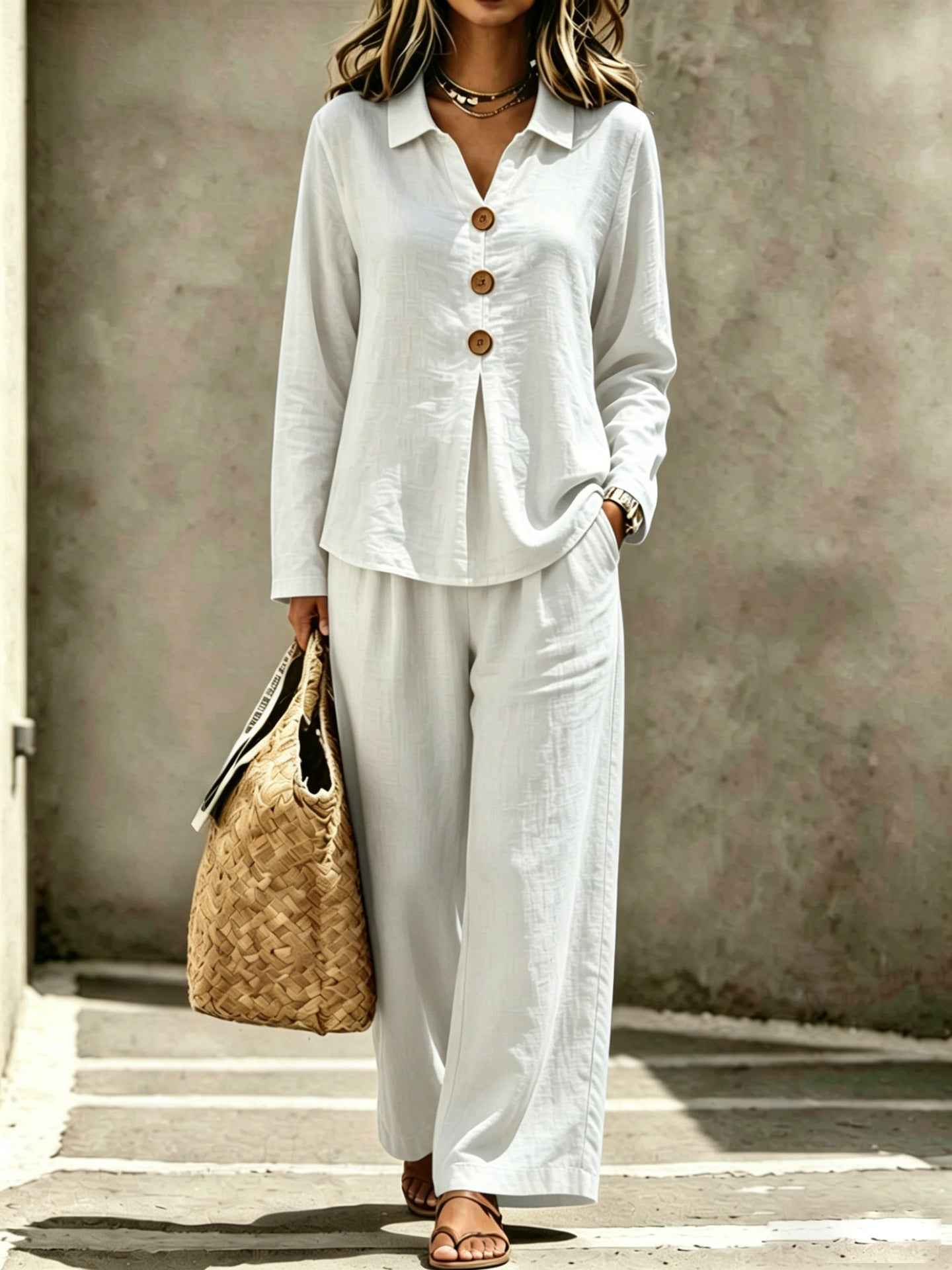 Womens Buttoned Polo-collar Long-sleeve Pantsuit