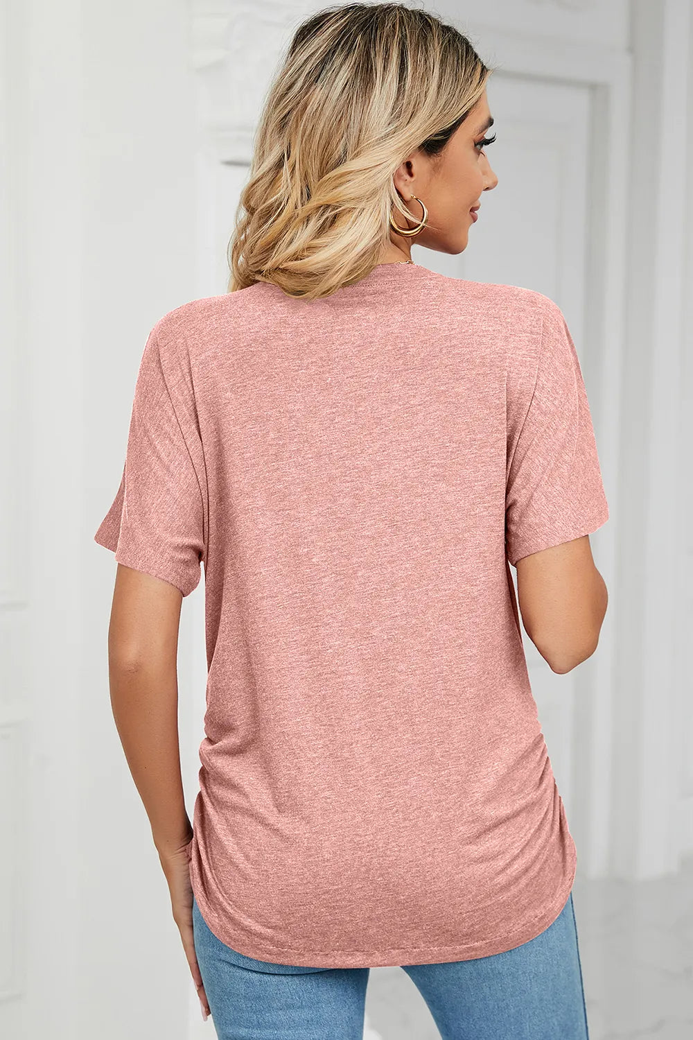 Ruched V-Neck Short Sleeve T-Shirt.