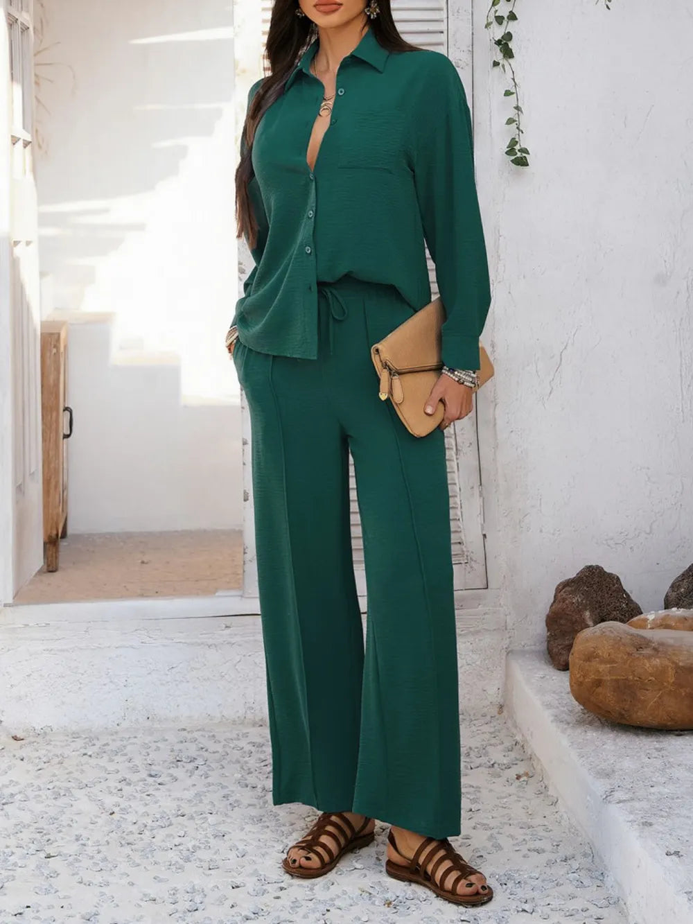 Devine Collared Neck Long Sleeve Top and Pants Set.