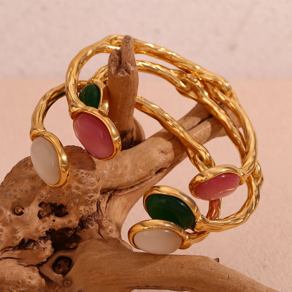 Oval Natural Stone Open Irregular Green Agate Pink Crystal Bracelet 18K Gold Plated 316L Stainless Steel Bracelets for Women eprolo