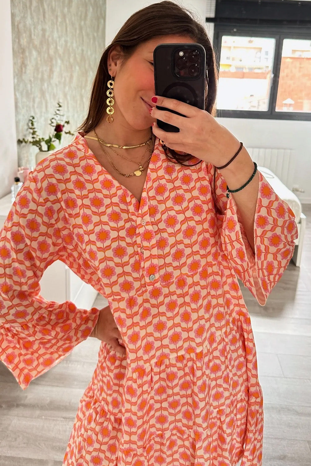 Orange Floral Print Flounce Sleeve Buttoned Front Mini Dress Dear-Lover Dropshipping