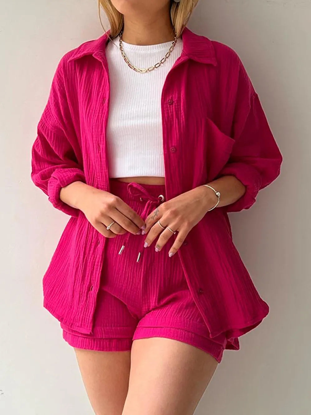 Texture Button Up Shirt and Drawstring Shorts Set - CHIC TB