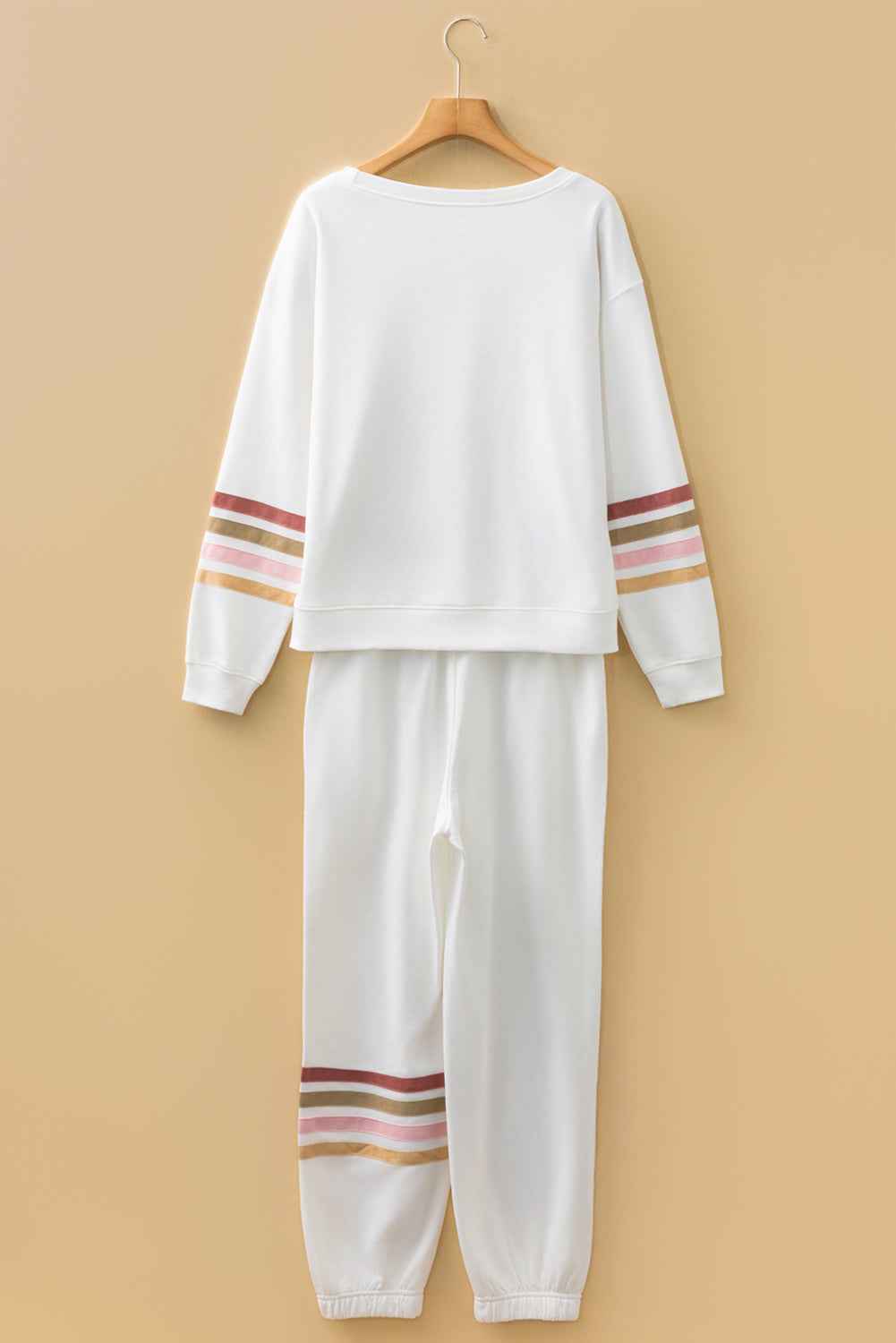Beige Striped Drop Shoulder Round Neck Pullover and Jogger Pants Active Outfit