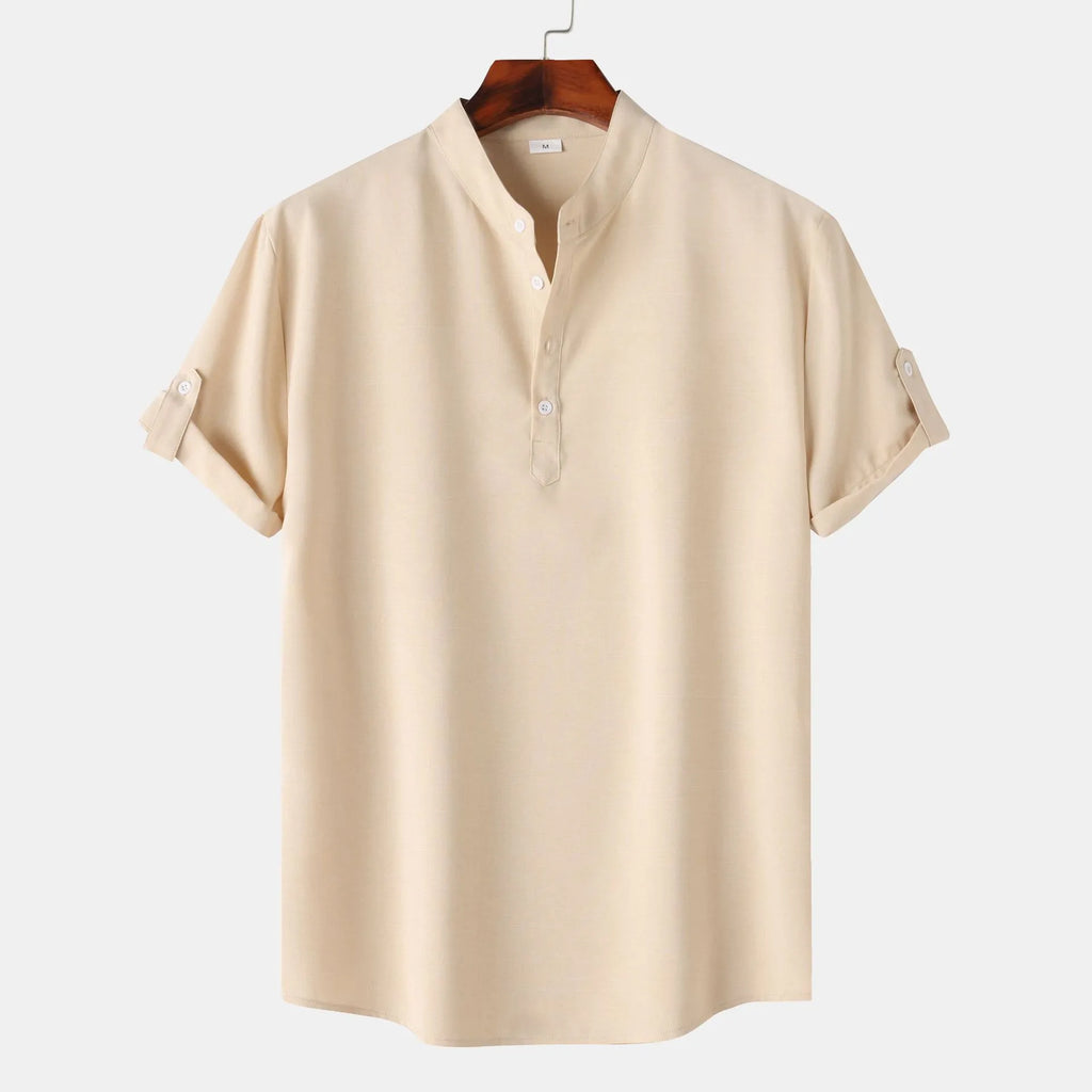 Men's Stand Collar Short Sleeve Henley Shirt.