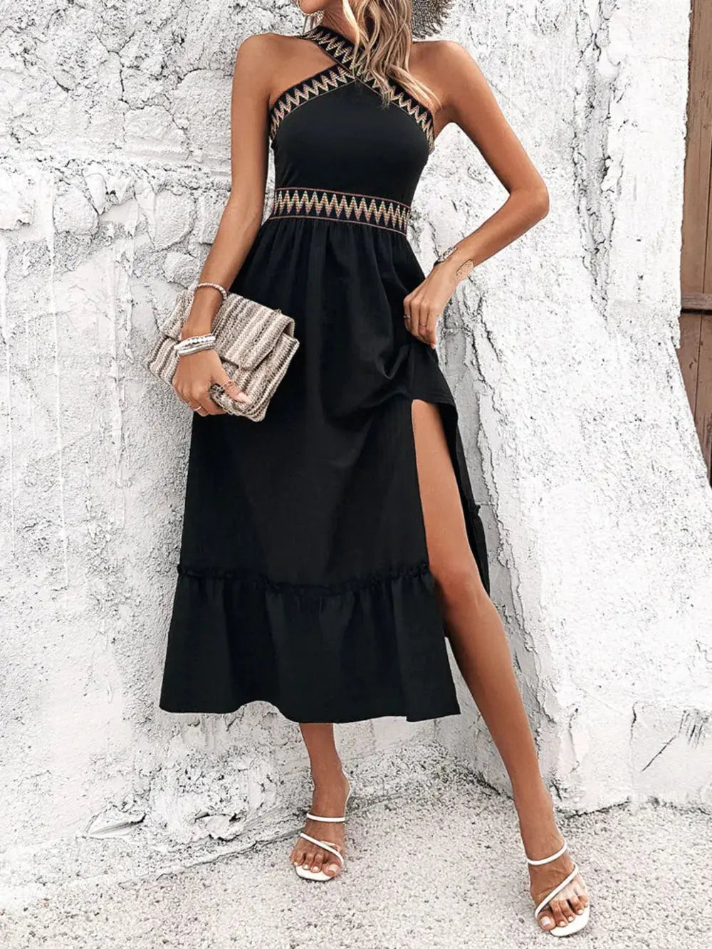 Devine Ruffled Slit Sleeveless Midi Dress.