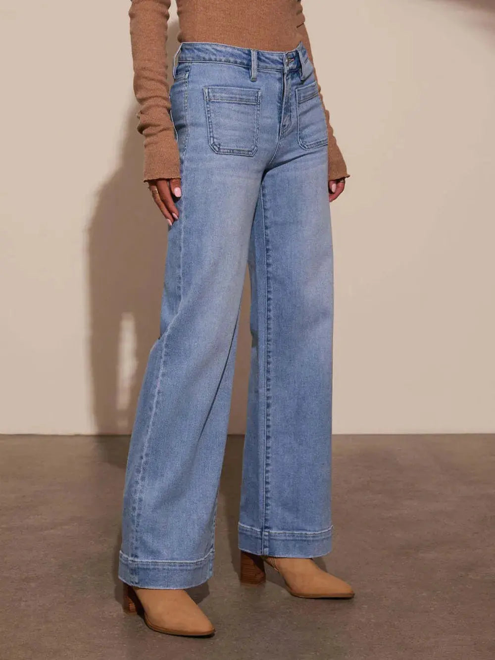 High Rise Front Pocket Patch Wide Leg Jeans.