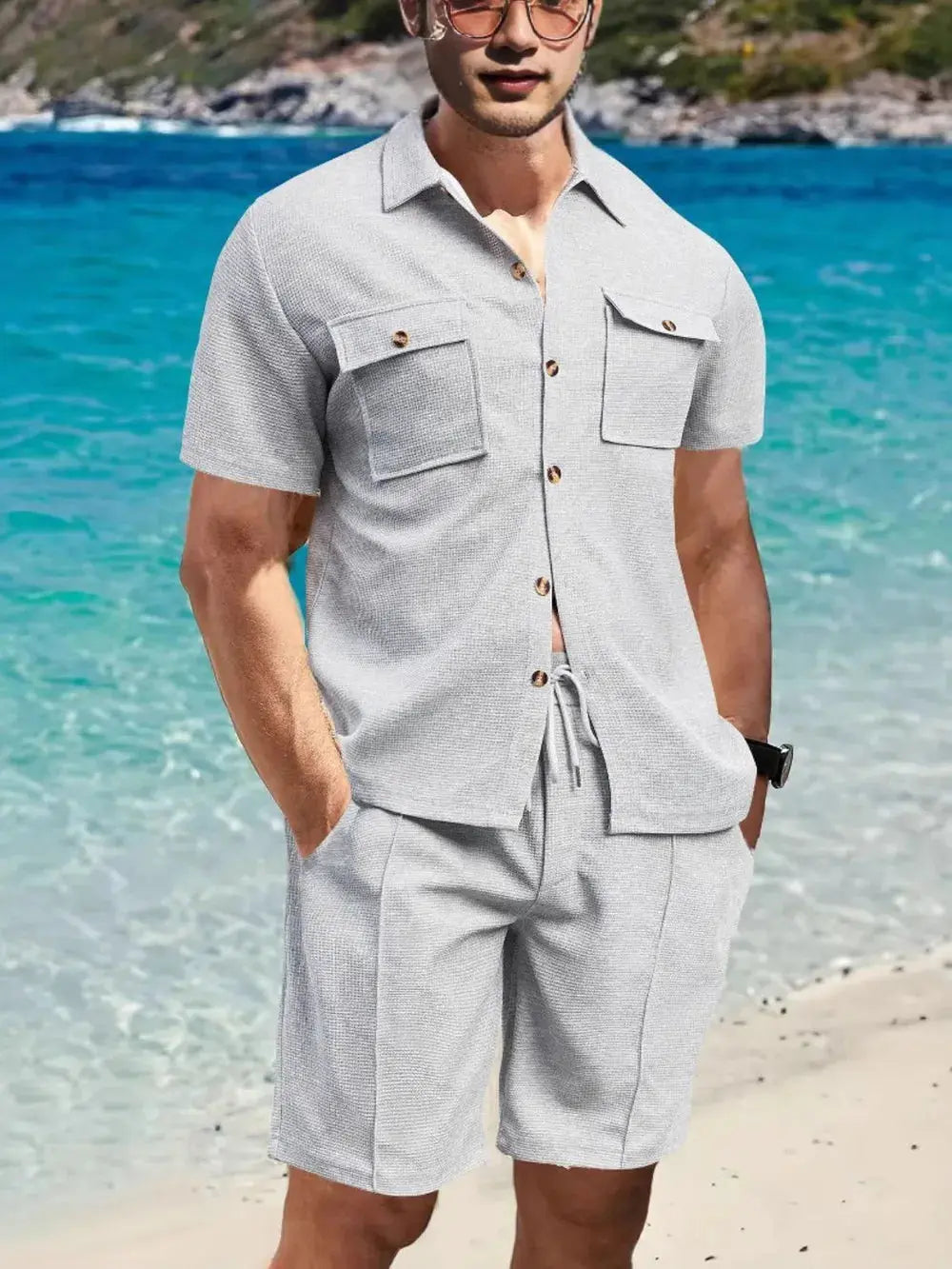 Men's Full Size Button Down Short Sleeve Top and Shorts Set Plus Size.