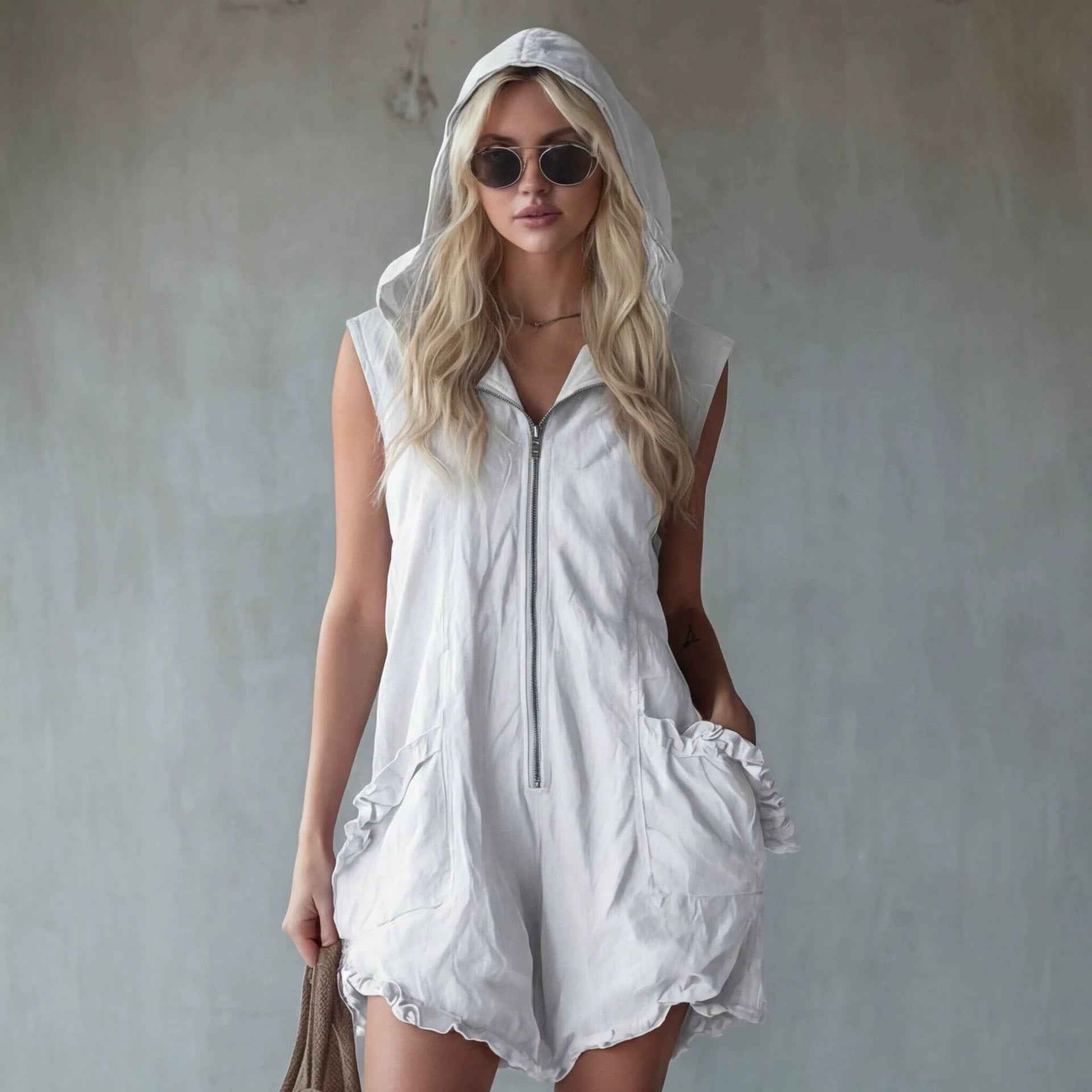 Retro-style Hooded Zip-up Sleeveless Cropped Cotton-linen Jumpsuit