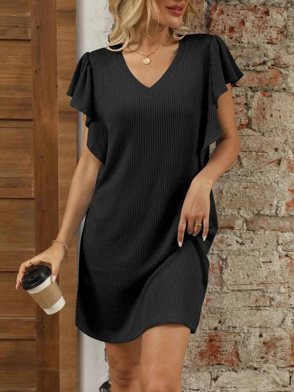 Ruffled V-Neck Cap Sleeve Mini Dress.