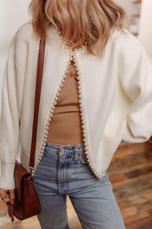 Pearl Embellished Open-Front Cardigan