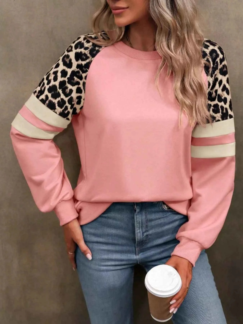 Leopard Round Neck Raglan Sleeve Sweatshirt.