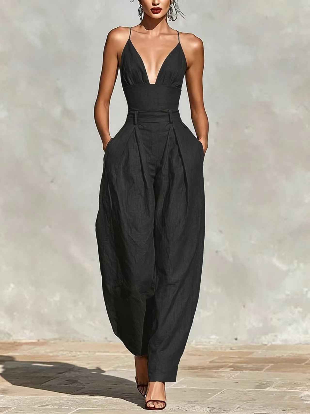 Linen Straight-leg Sleeveless Crew-neck Minimalist Elegant Jumpsuit