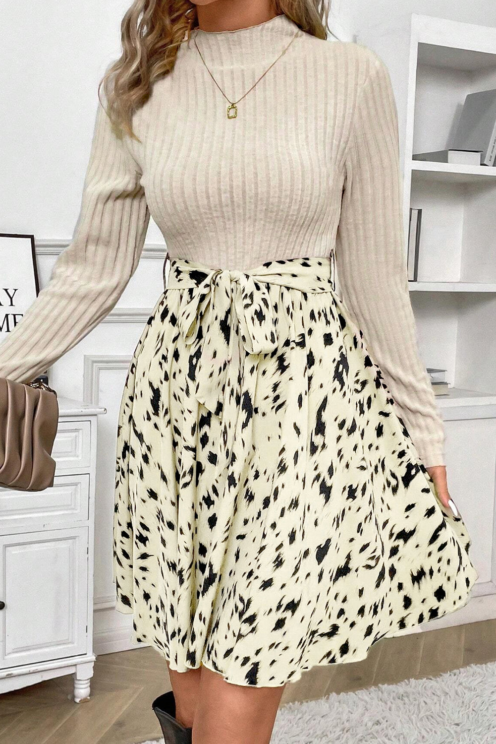 Beige Ribbed Knit Patchwork Printed Belted A-line Dress Dear-Lover Dropshipping