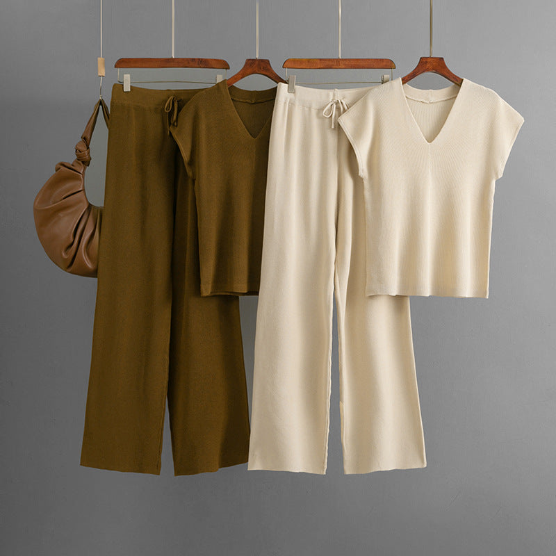 Sleeveless V-neck Knit Top Set Women's Pants Two-piece Set