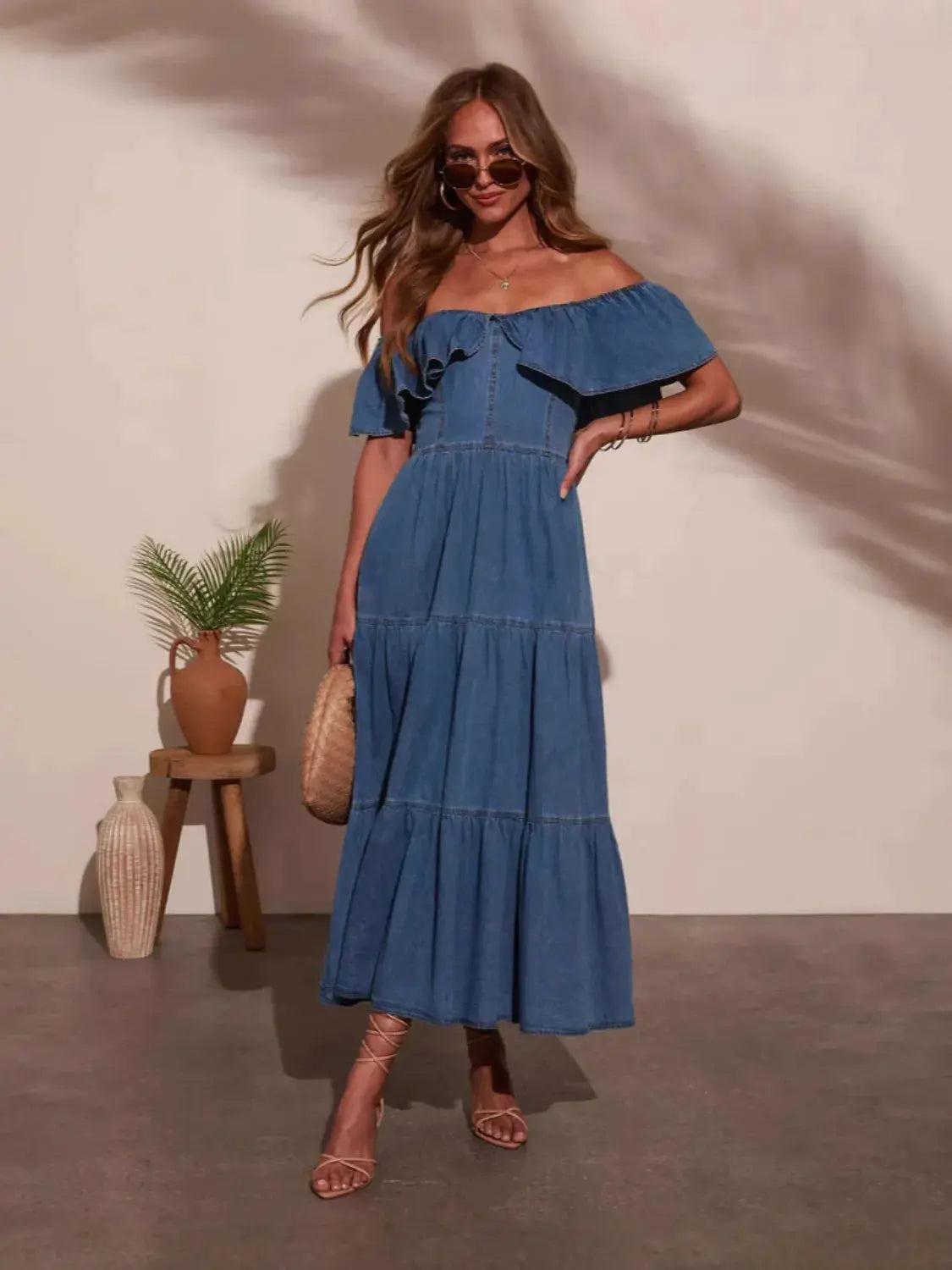 Off Shoulder Ruffle Tiered Denim Dress.
