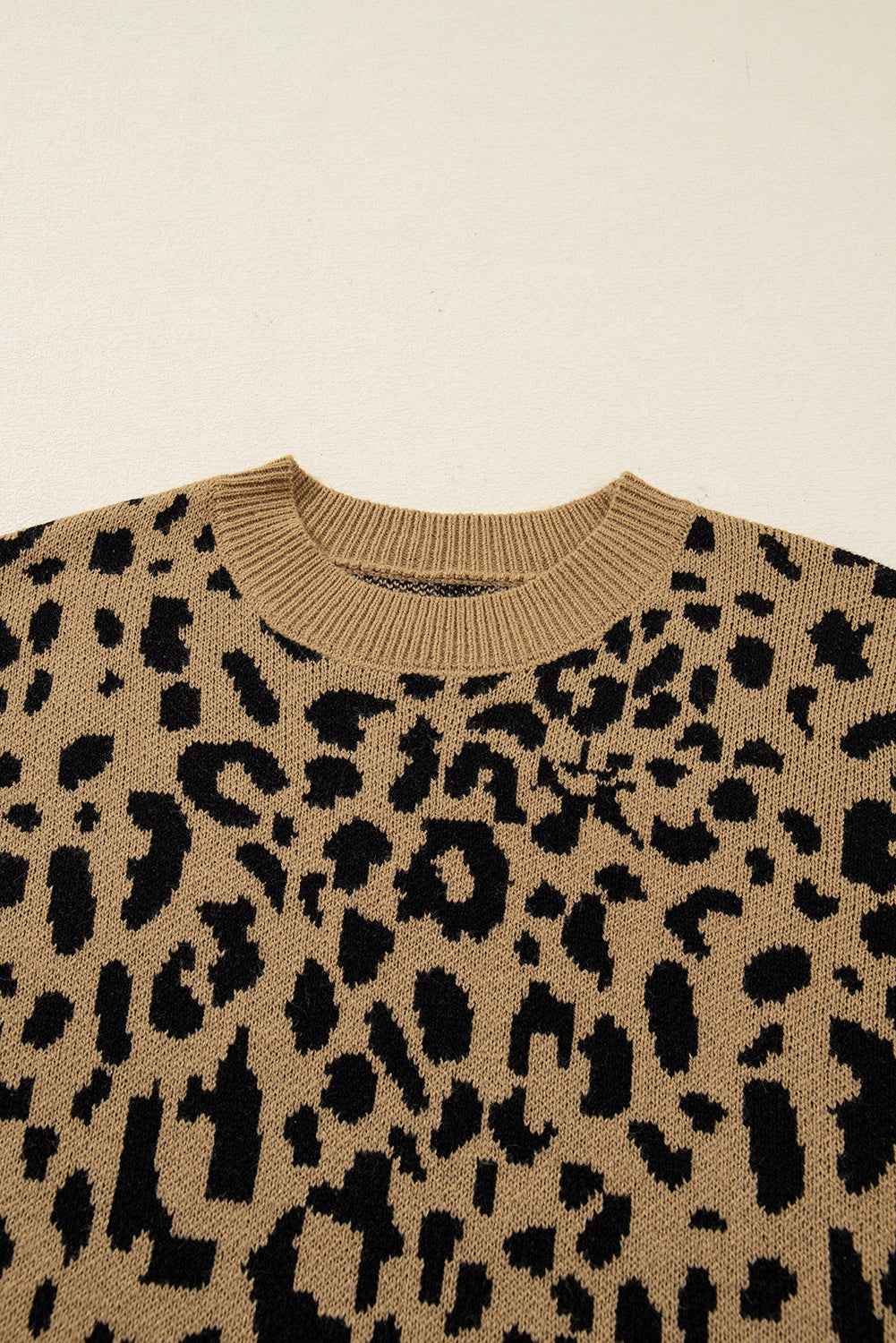 Light French Beige Ribbed Trim Round Neck Leopard Drop Shoulder Sweater